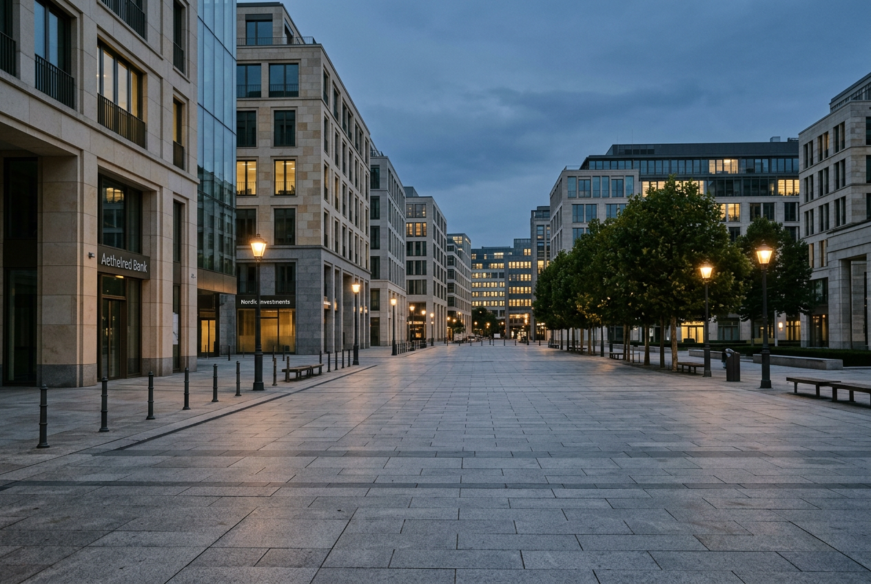 European business district at dusk with stone and glass architecture