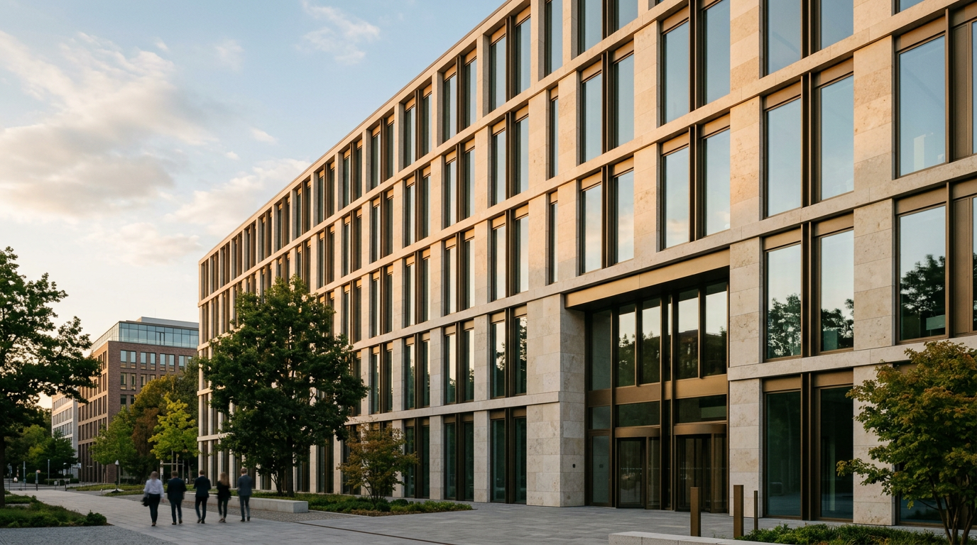 Contemporary European corporate facade in stone and glass at golden hour