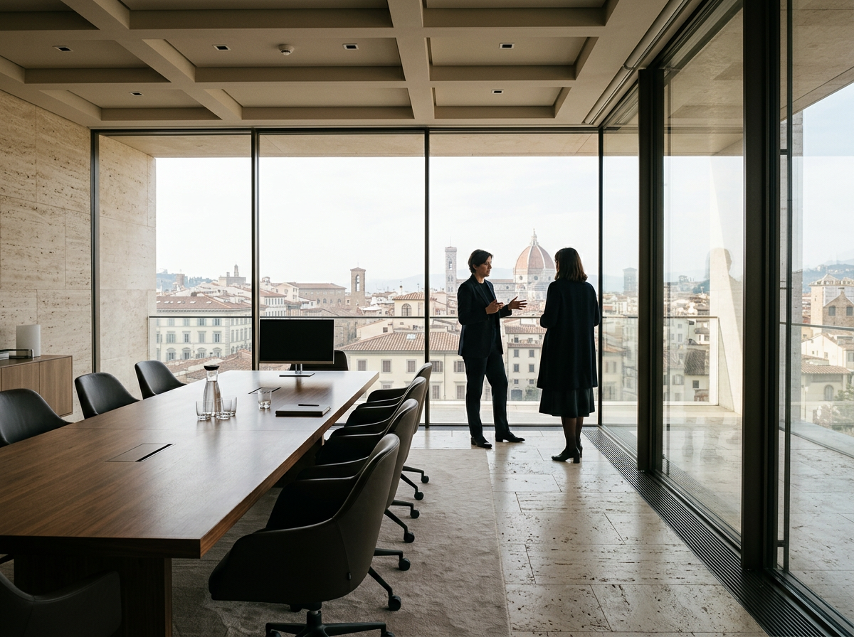 European corporate meeting room overlooking a city