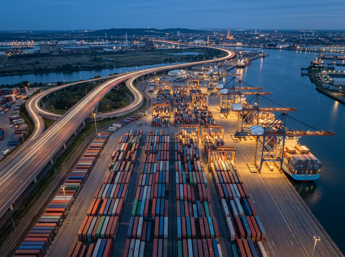 European intermodal freight terminal and motorway network at dusk